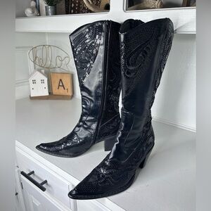 Helen’s Heart Black Sequin Western Boots Women’s 8 Pointed Toe Rhinestone Cowboy